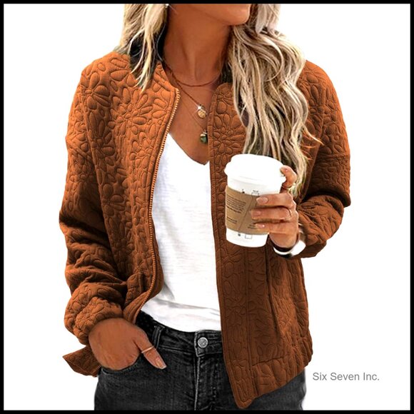 Lightweight Jacquard Bomber Jacket Chic Casual Oversized Boyfriend Fit Zip Up